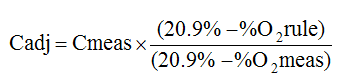 The equation used to adjust the parts per million by volume pollutant concentrations referenced on a dry basis to a specified oxygen percentage correction basis.