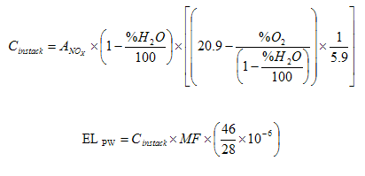 Two equations for calculating the plant-wide emission specification for each affected stationary gas turbine. The first equation calculates the nitrogen oxides in-stack concentration in parts per million by volume, and the second equation converts the in-stack concentration to the plant-wide emission specification in pounds per hour.