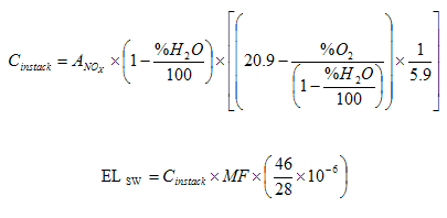 Two equations for calculating the alternative system-wide emission specification in pounds per hour for each stationary gas turbine. The first equation calculates the nitrogen oxides in-stack concentration in parts per million by volume, and the second equation converts the in-stack concentration to the alternative system-wide emission specification in pounds per hour.