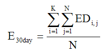 The equation for calculating the rolling 30-day average nitrogen oxides emissions in tons per day for each account, computed for the preceding 30 days